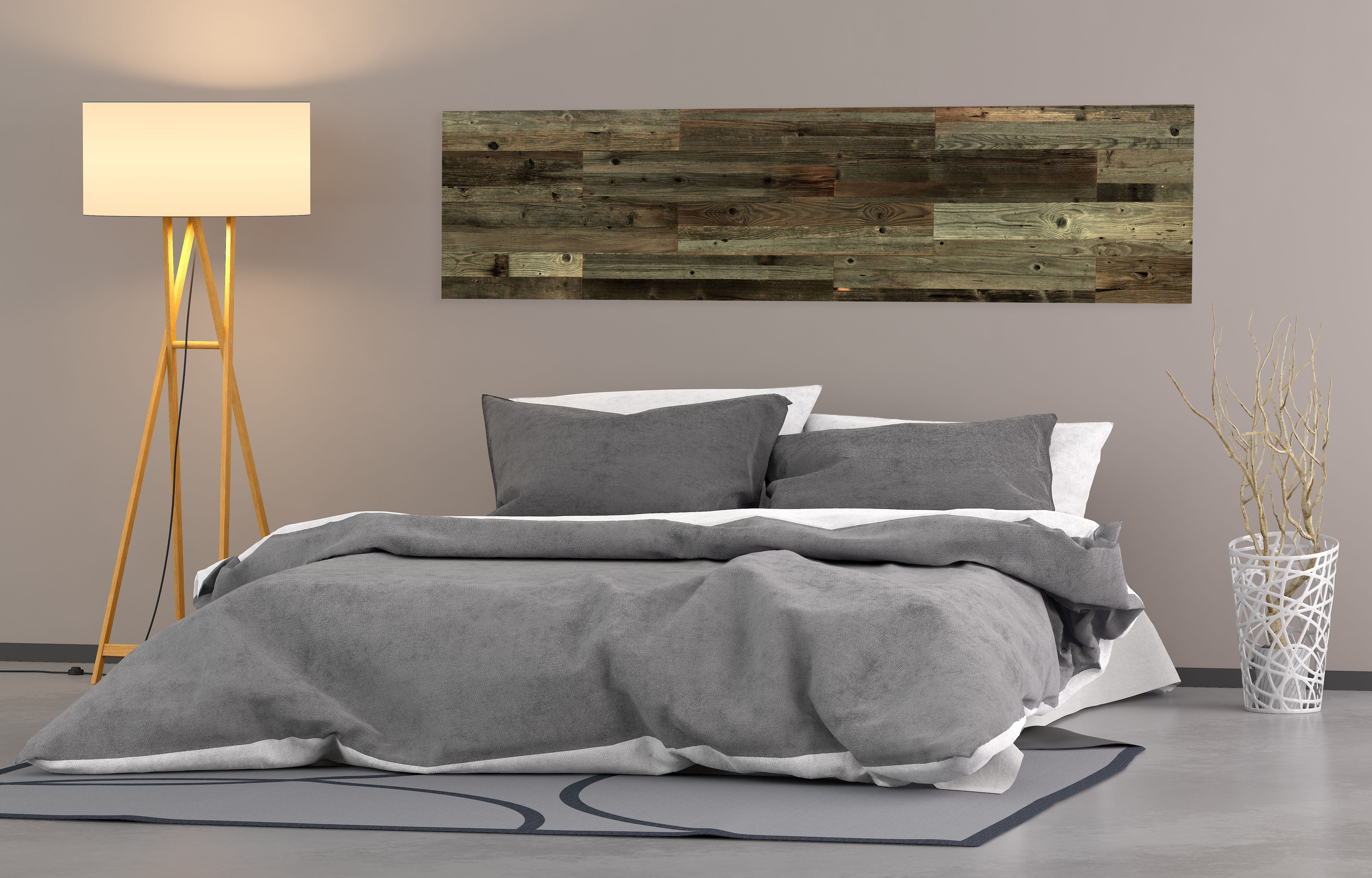 Schlafzimmer mit grauen Altholzpaneelen