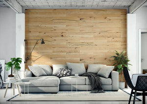 Wohnzimmer mit rissigen Eiche Wandpaneelen ausgestattet