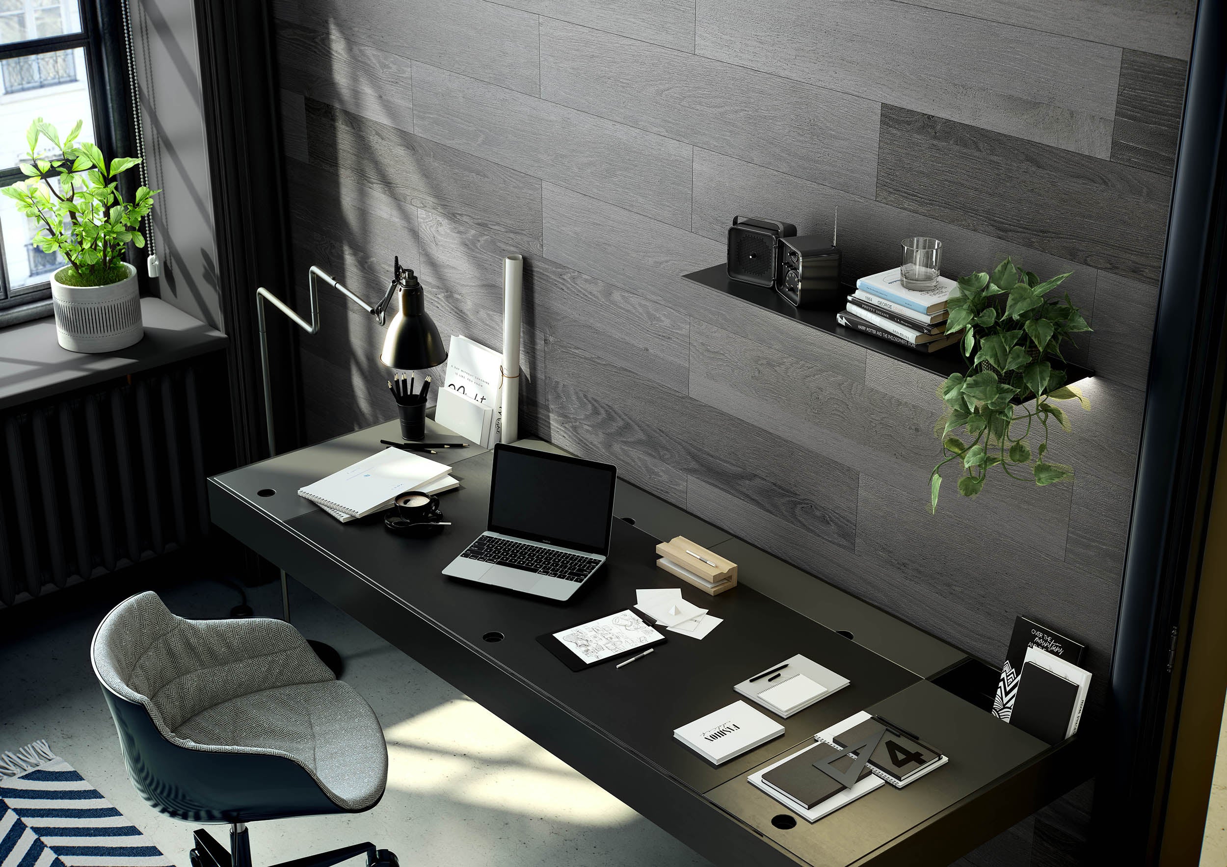 Büro mit schwarzem Tisch und grauer Eiche Wandverkleidung